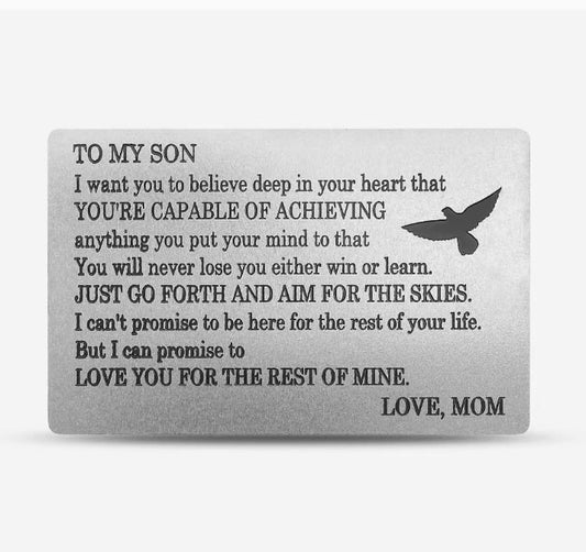 To My Son Aim for the Skies heavy duty metal wallet card gift